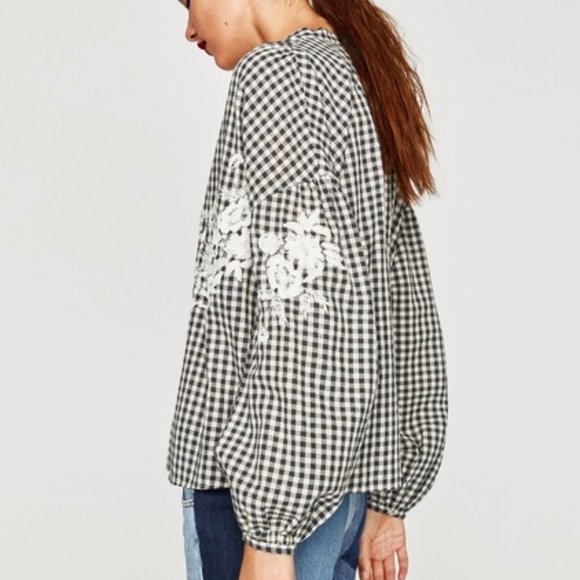 ZARA Trafaluc Gingham Embroidered Boho Peasant Top - Picture 4 of 10